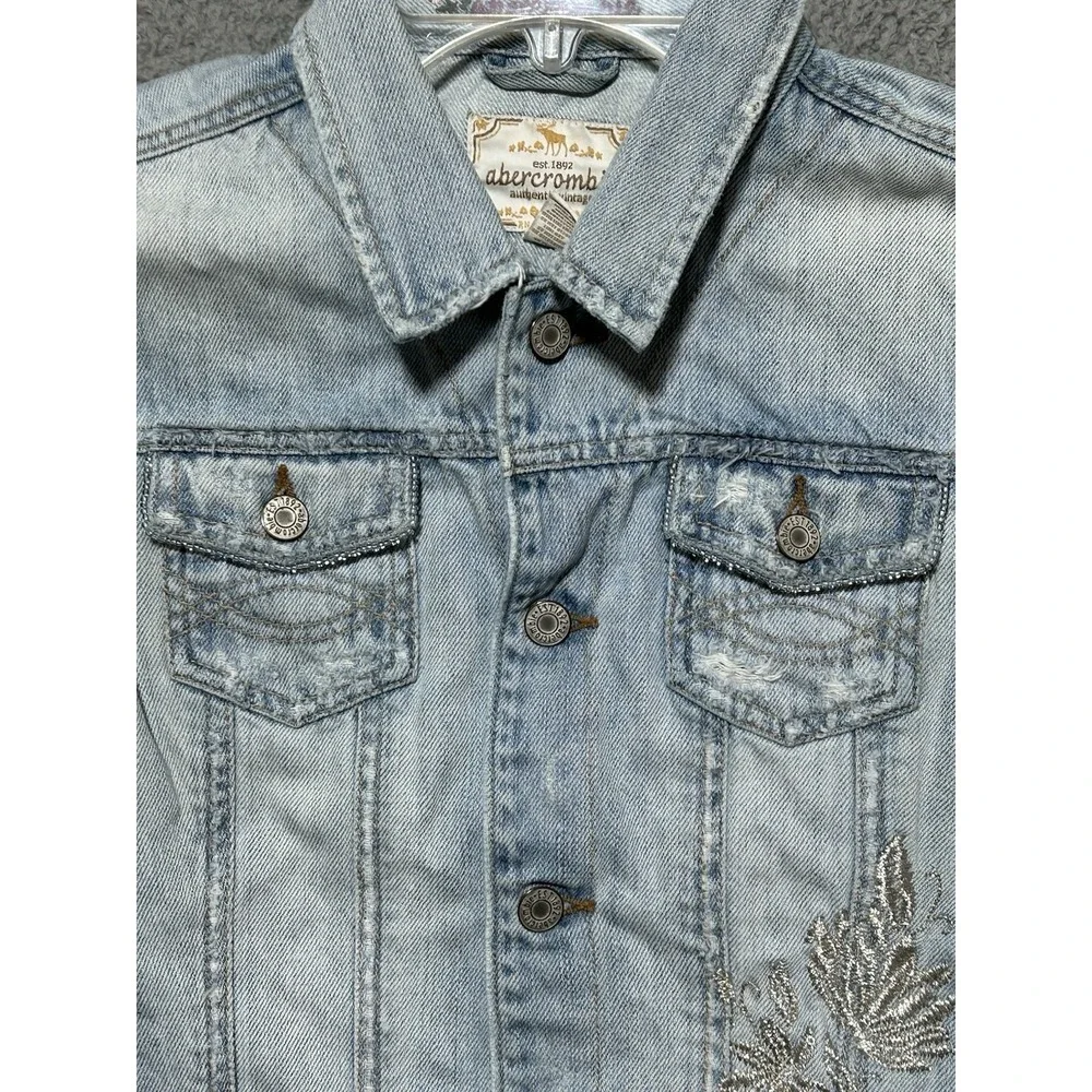 Abercrombie Jean Jacket Authentic Vintage Denim Embroidered Flowers Youth‎ XL